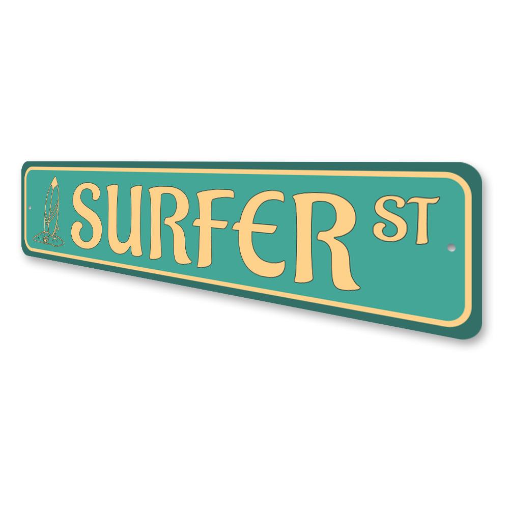 Surfer Street Sign made of quality aluminum, featuring vibrant colors and a beach-themed design, perfect for home decor.