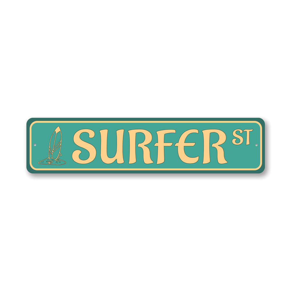 Surfer Street Sign made of quality aluminum, featuring vibrant colors and a beach-themed design, perfect for home decor.