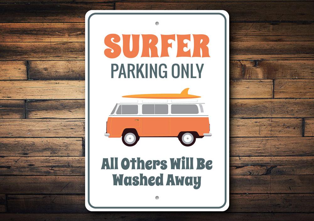 Surfer Van Parking Only Sign made of durable aluminum, featuring a vibrant design perfect for beach-themed decor.