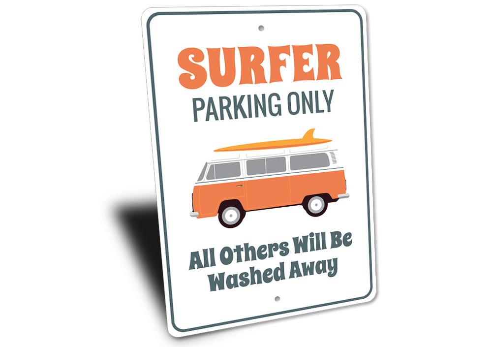 Surfer Van Parking Only Sign made of durable aluminum, featuring a vibrant design perfect for beach-themed decor.