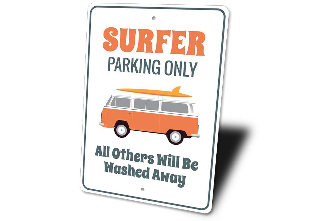 Surfer Van Parking Only Sign made of durable aluminum, featuring a vibrant design perfect for beach-themed decor.