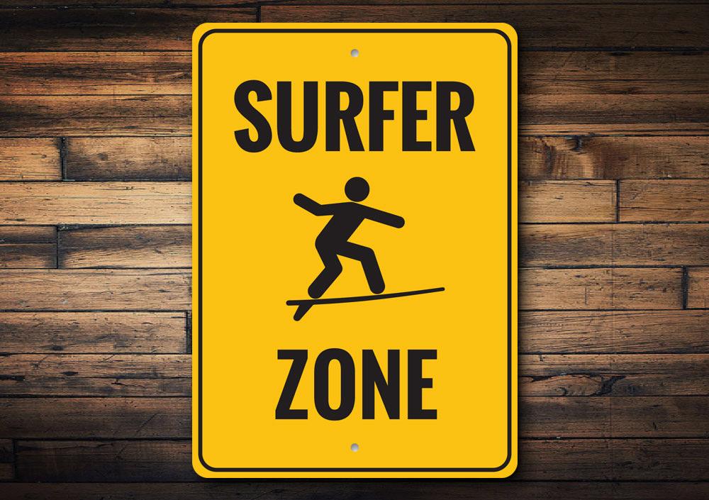 Surfer Zone Sign made of aluminum, featuring vibrant colors and beach-themed design, perfect for coastal decor.