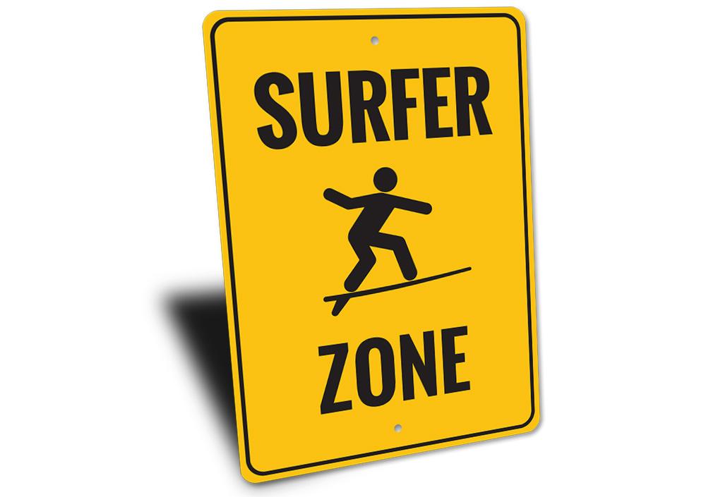 Surfer Zone Sign made of aluminum, featuring vibrant colors and beach-themed design, perfect for coastal decor.