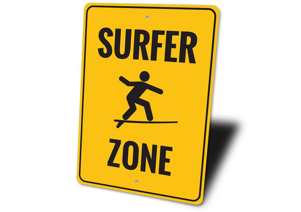 Surfer Zone Sign made of aluminum, featuring vibrant colors and beach-themed design, perfect for coastal decor.