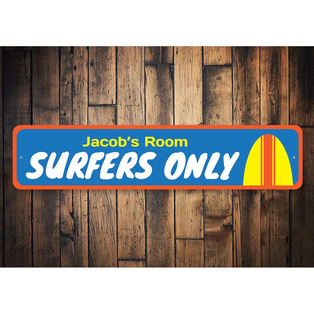 Surfers Only Kids Room Sign featuring vibrant colors and a playful design, perfect for a child's room decor.