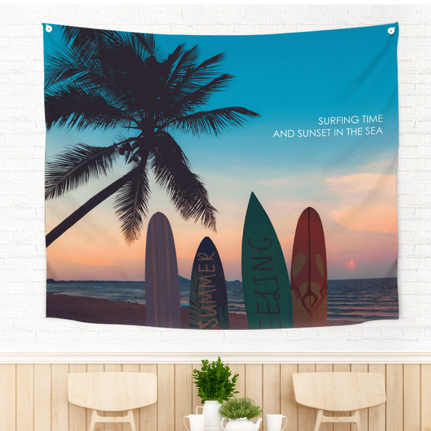 A vibrant fabric poster featuring a surfing scene, measuring 150cm x 130cm, showcasing modern design and high-quality craftsmanship.