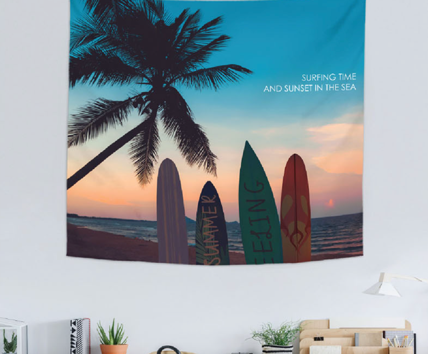 A vibrant fabric poster featuring a surfing scene, measuring 150cm x 130cm, showcasing modern design and high-quality craftsmanship.