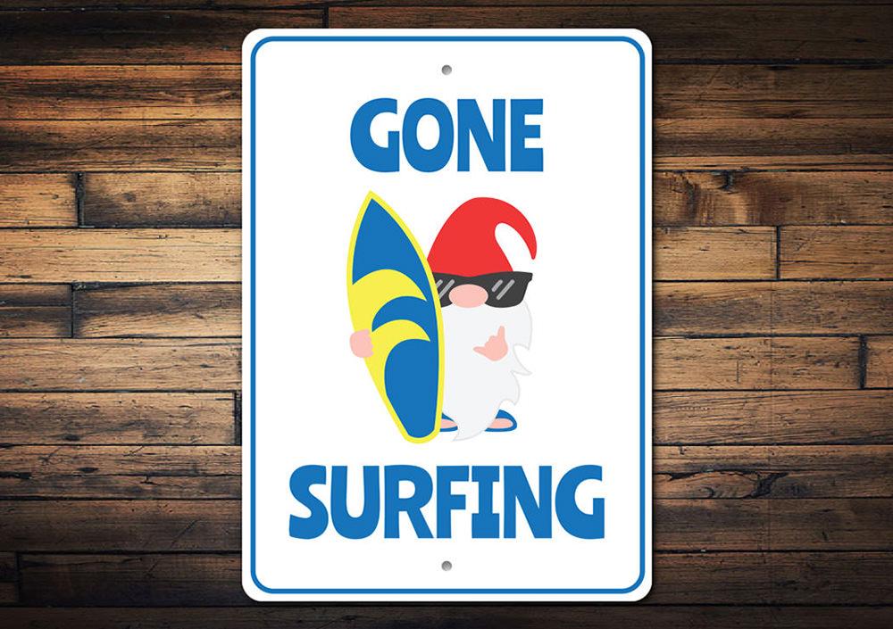 Colorful Surfing Cartoon Sign featuring vibrant beach-themed graphics, perfect for coastal decor.