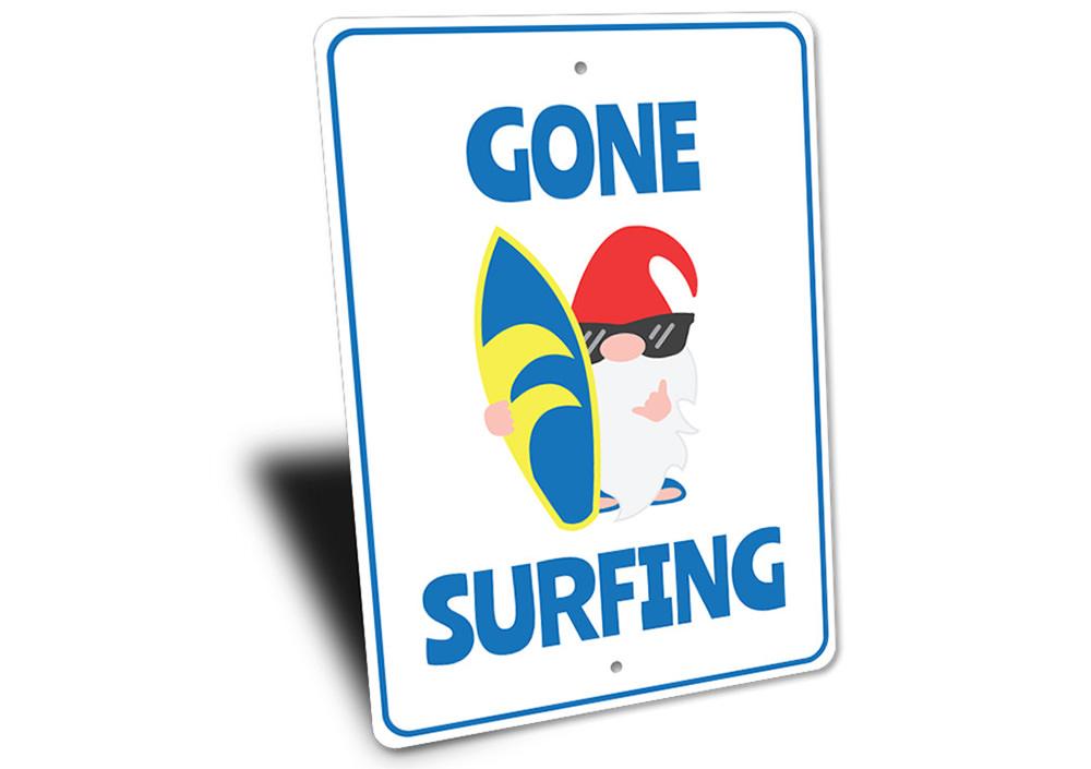 Colorful Surfing Cartoon Sign featuring vibrant beach-themed graphics, perfect for coastal decor.