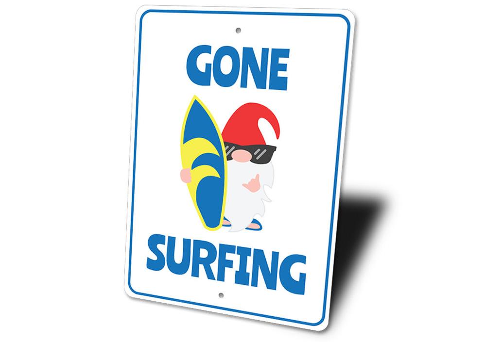 Colorful Surfing Cartoon Sign featuring vibrant beach-themed graphics, perfect for coastal decor.