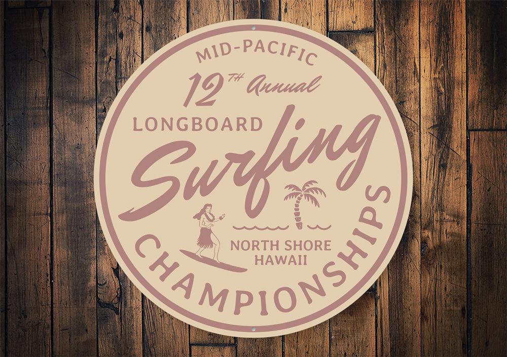 Surfing Championships Sign made of quality aluminum, featuring vibrant colors and a surf-themed design, perfect for wall decoration.