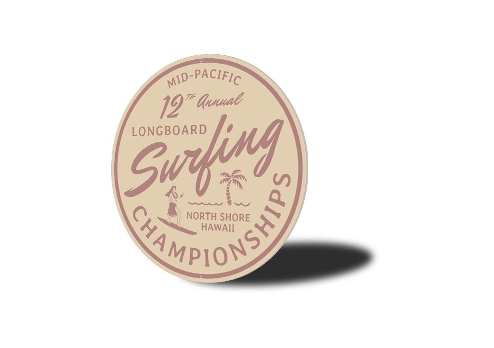 Surfing Championships Sign made of quality aluminum, featuring vibrant colors and a surf-themed design, perfect for wall decoration.