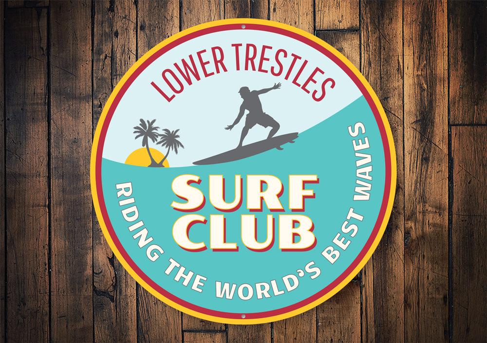 Surfing Lower Trestles Sign made of high-quality aluminum, featuring vibrant colors and a beach-themed design, perfect for wall decor.