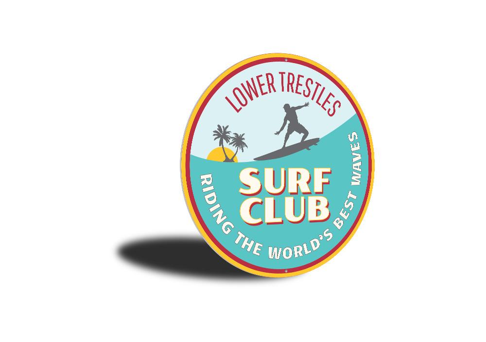 Surfing Lower Trestles Sign made of high-quality aluminum, featuring vibrant colors and a beach-themed design, perfect for wall decor.