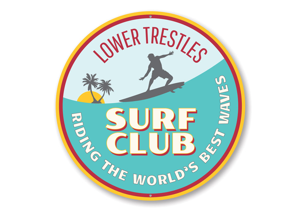 Surfing Lower Trestles Sign made of high-quality aluminum, featuring vibrant colors and a beach-themed design, perfect for wall decor.