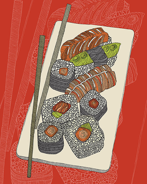 Vibrant Sushi artwork printed on heavy matte cardstock, showcasing colorful sushi designs.