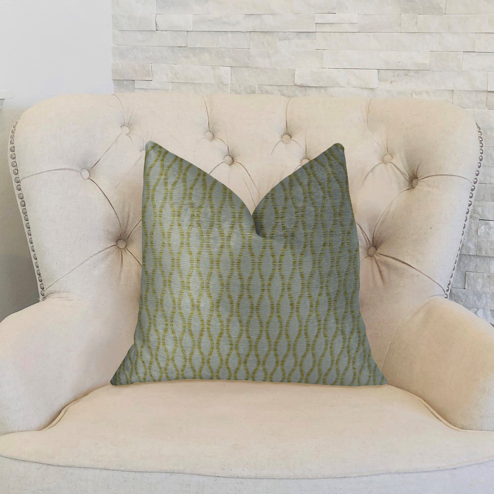 Swan Creek Cream and Gold Handmade Luxury Pillow showcasing a geometric pattern with an invisible zipper, crafted from a cotton-rayon-polyester blend.