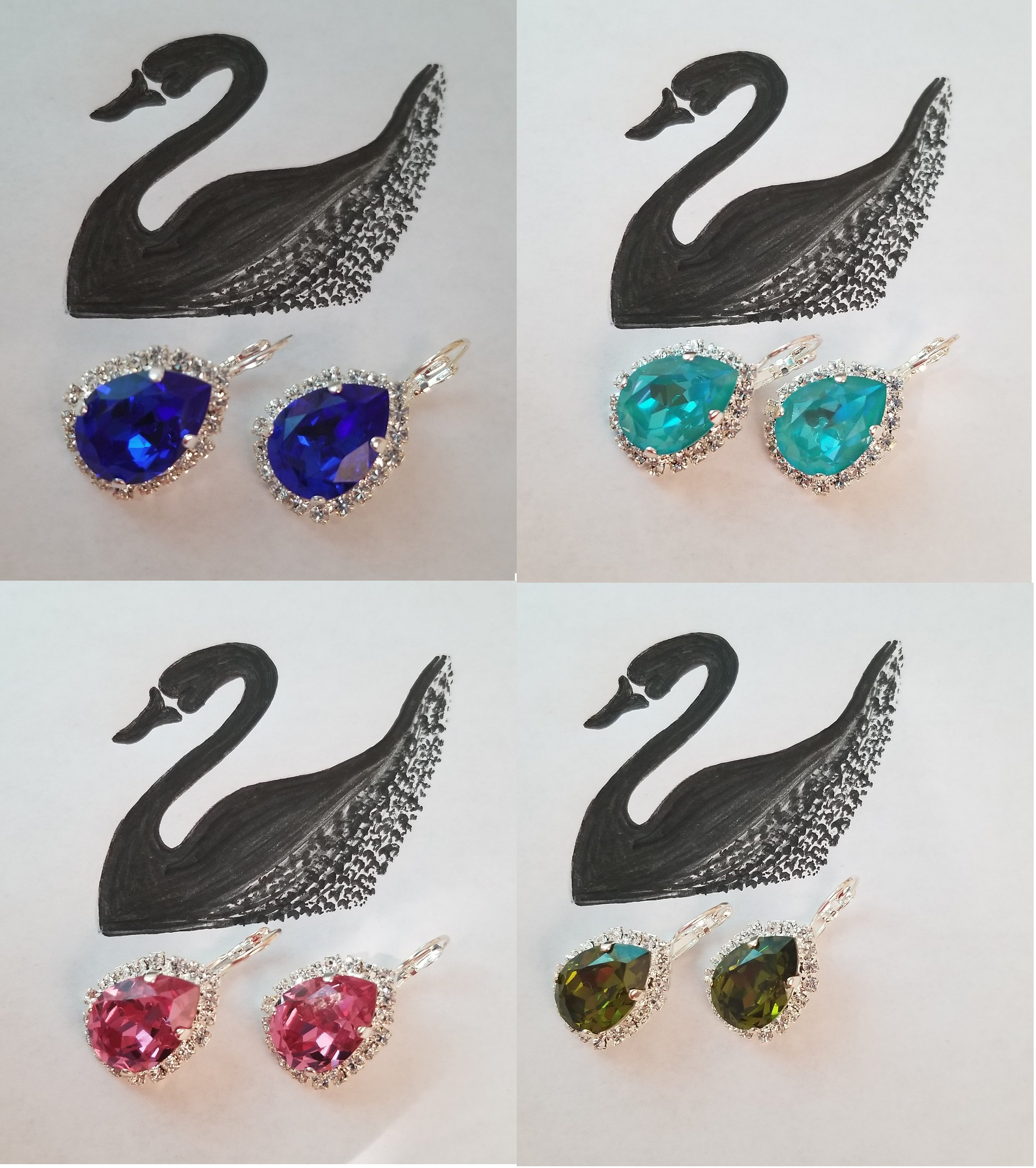 Elegant Swarovski Crystal Pear Shaped Statement Earrings featuring vibrant colored crystals in gold, silver, and hematite settings.