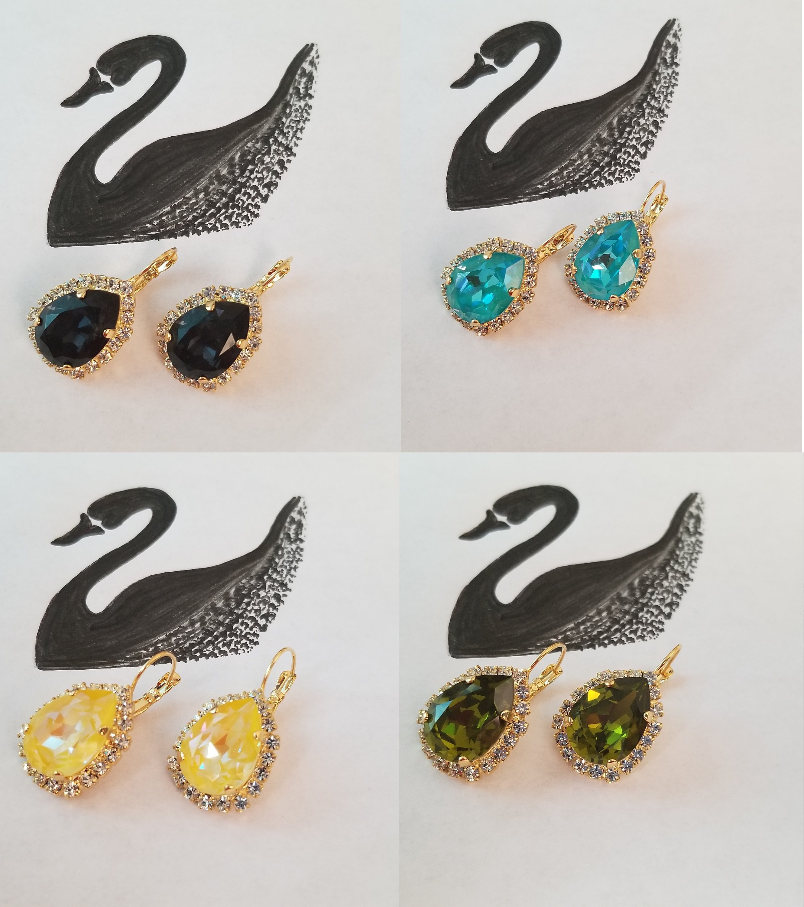 Elegant Swarovski Crystal Pear Shaped Statement Earrings featuring vibrant colored crystals in gold, silver, and hematite settings.