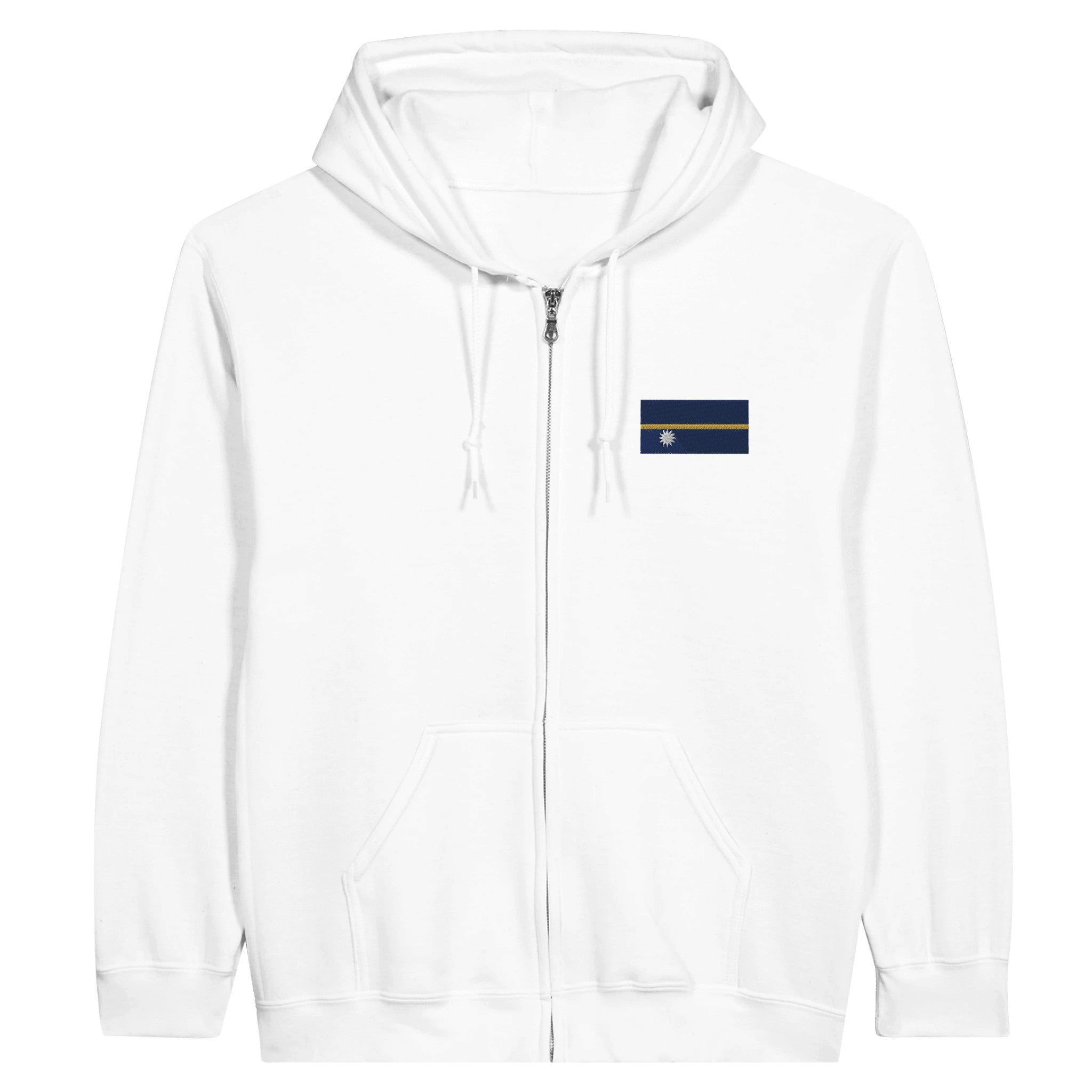 Sweat à capuche à fermeture éclair avec broderie du Drapeau de Nauru, en coton biologique et polyester recyclé, idéal pour les journées fraîches.