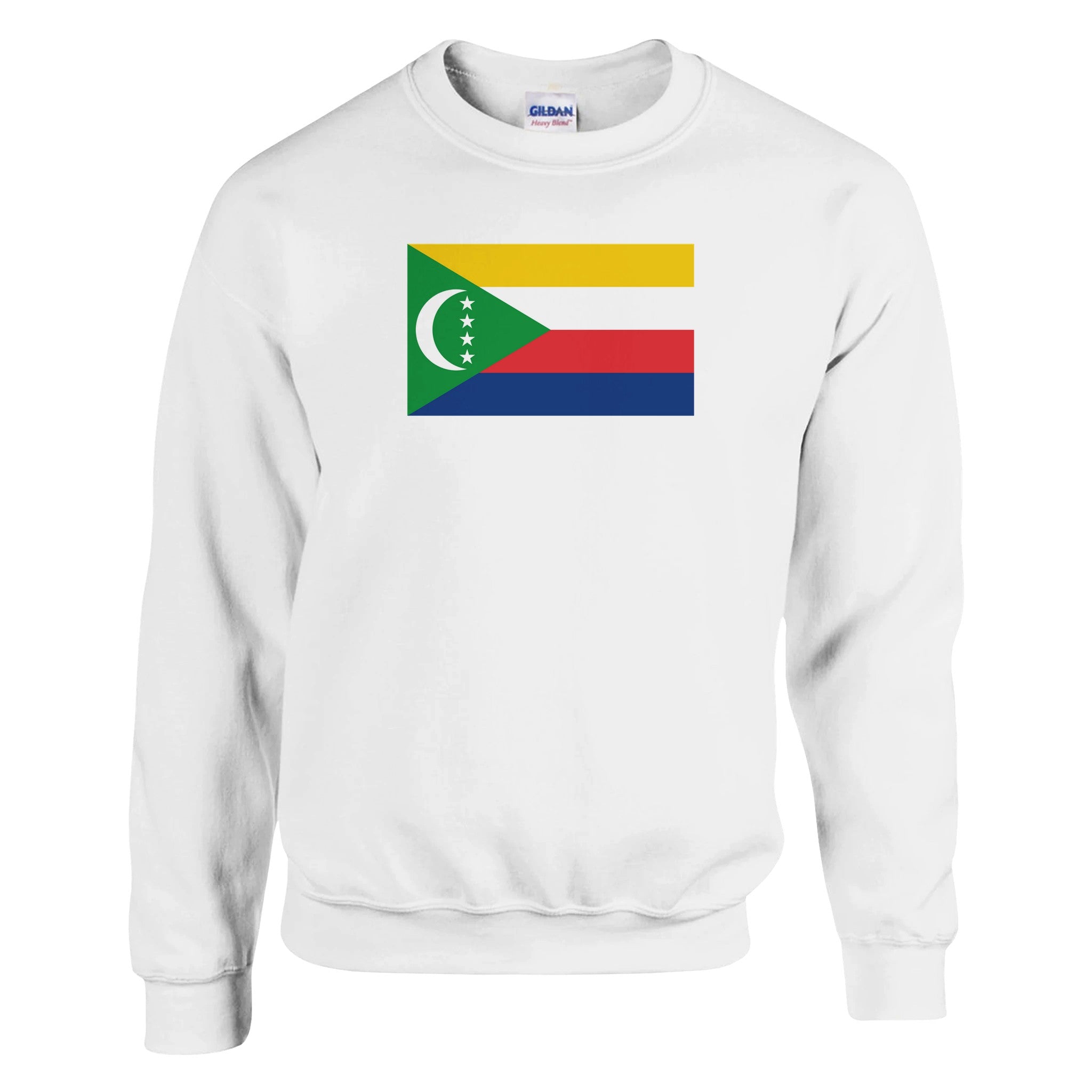 Sweat-shirt Drapeau des Comores en coton et polyester, avec des coutures renforcées et une coupe classique, disponible en plusieurs tailles.