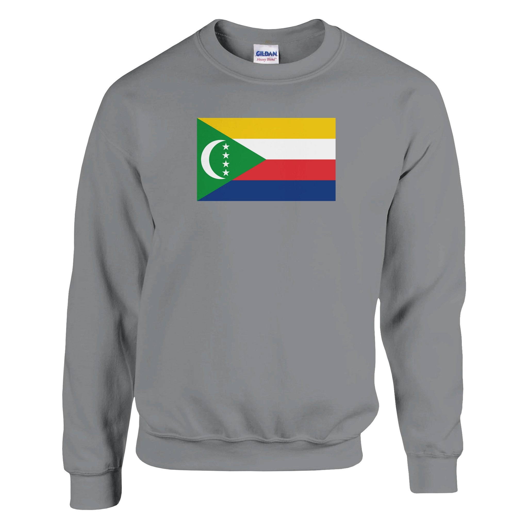 Sweat-shirt Drapeau des Comores en coton et polyester, avec des coutures renforcées et une coupe classique, disponible en plusieurs tailles.