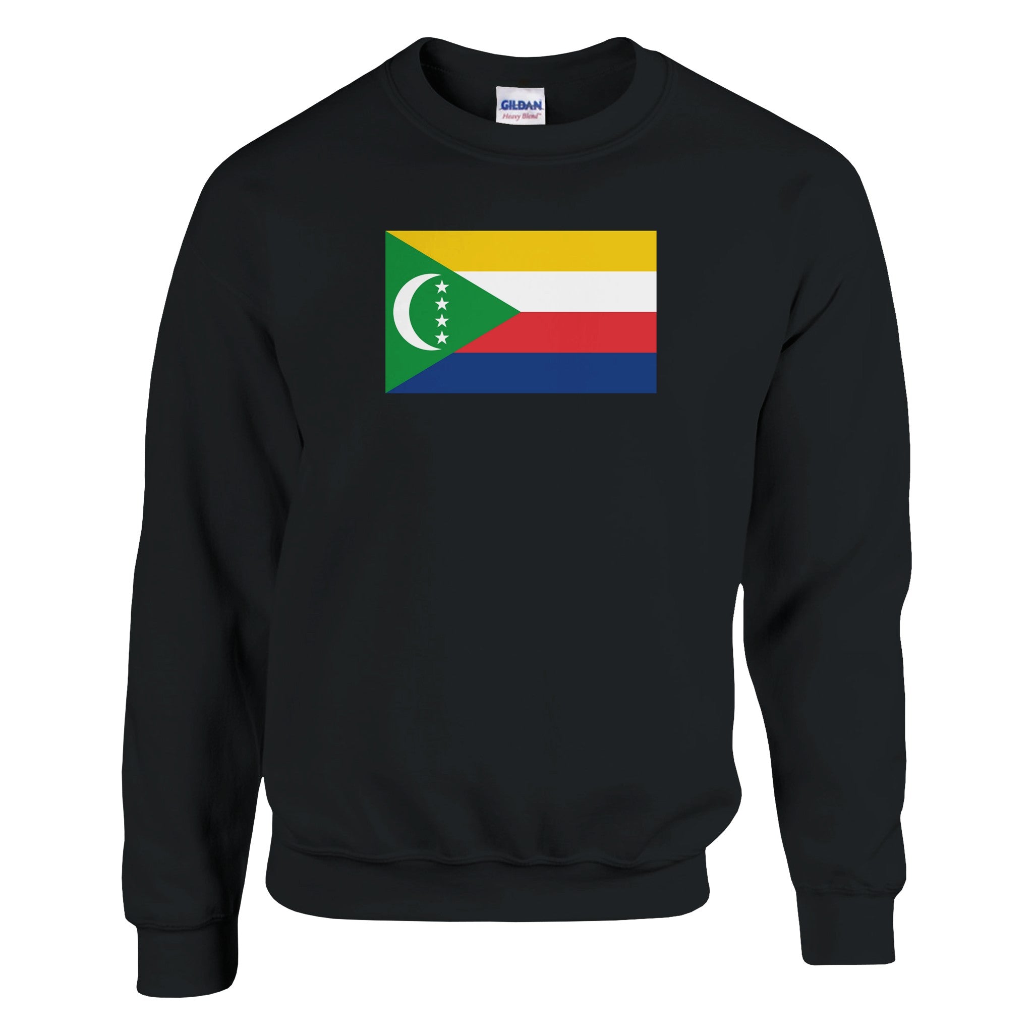 Sweat-shirt Drapeau des Comores en coton et polyester, avec des coutures renforcées et une coupe classique, disponible en plusieurs tailles.