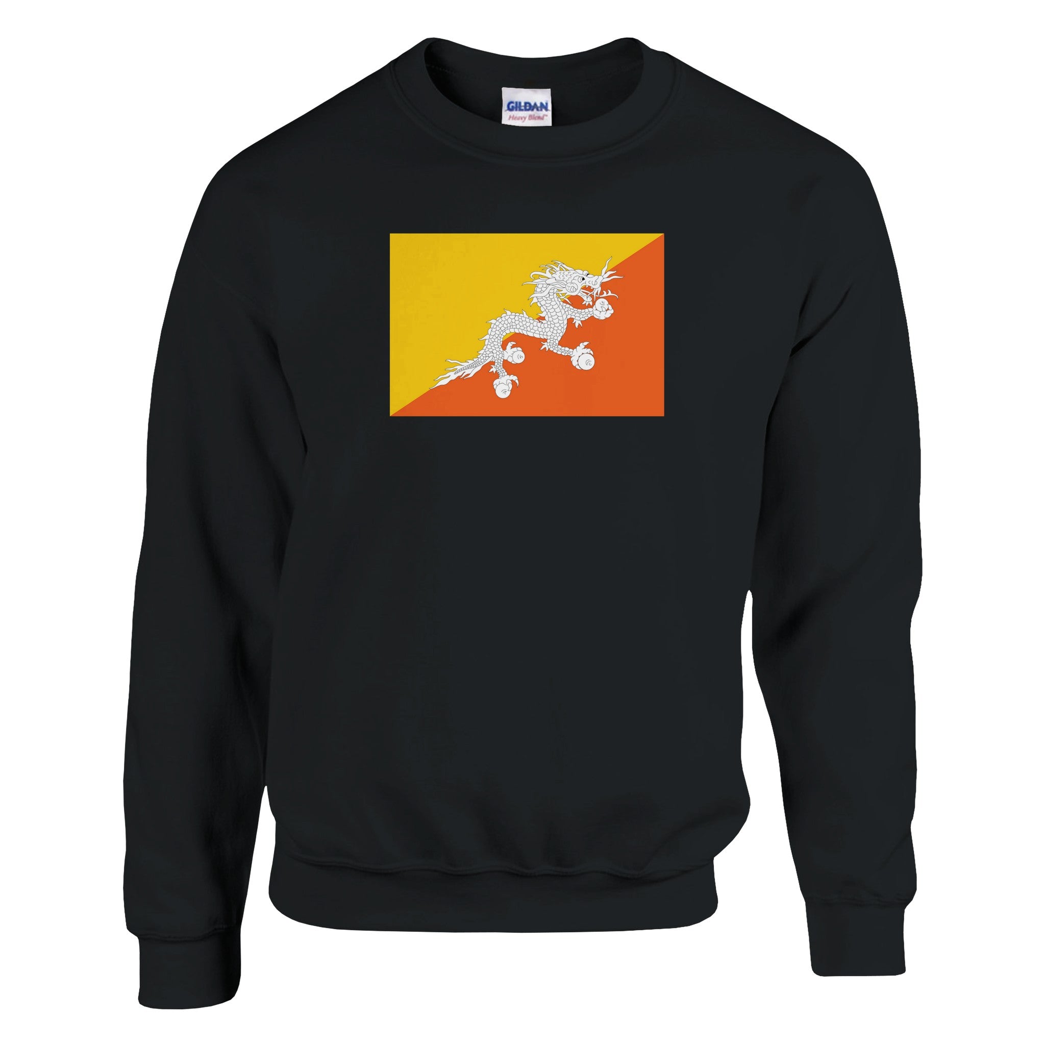 Sweat-shirt Drapeau du Bhoutan en coton et polyester, avec couture aiguille double et côtes élastiques, disponible en plusieurs tailles.