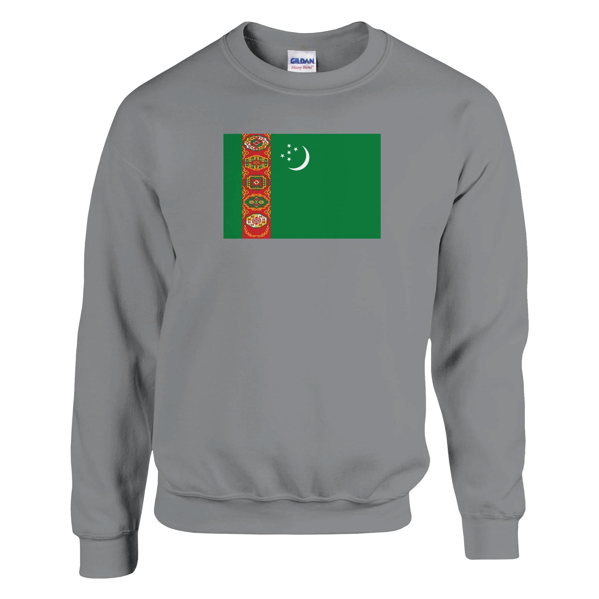 Sweat-shirt Drapeau du Turkménistan en coton et polyester, avec couture aiguille double et côtes 1x1, disponible en plusieurs tailles.