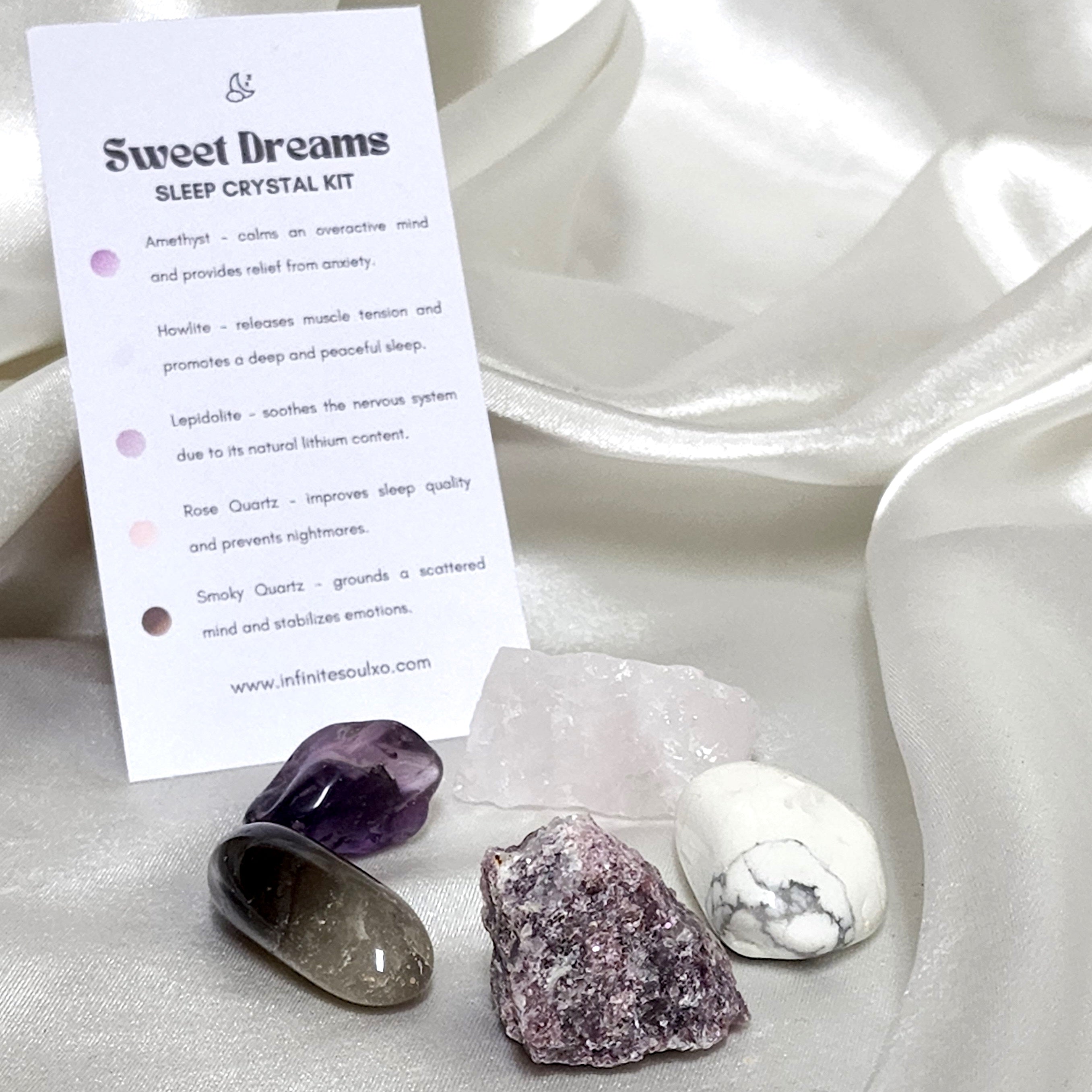 Sweet Dreams Sleep Crystal Kit featuring Howlite, Lepidolite, Rose Quartz, Amethyst, and Smoky Quartz, arranged on a soft surface.