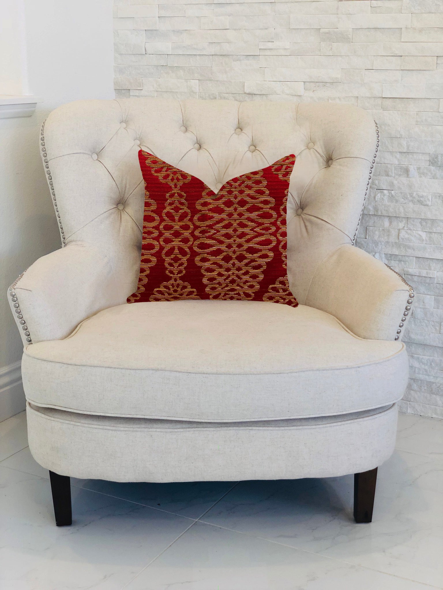 Sweet Henna Luxury Throw Pillow featuring a vibrant red and gold design, handmade in the USA with a double-sided pattern and invisible zipper.