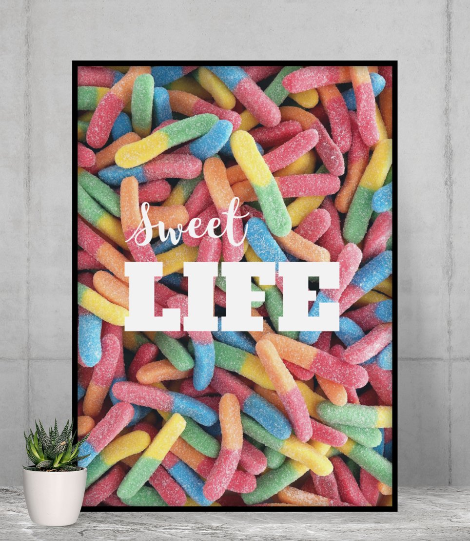 Sweet Life Gummy Candy Poster featuring colorful gummy candies on a premium matte background, perfect for indoor decoration.