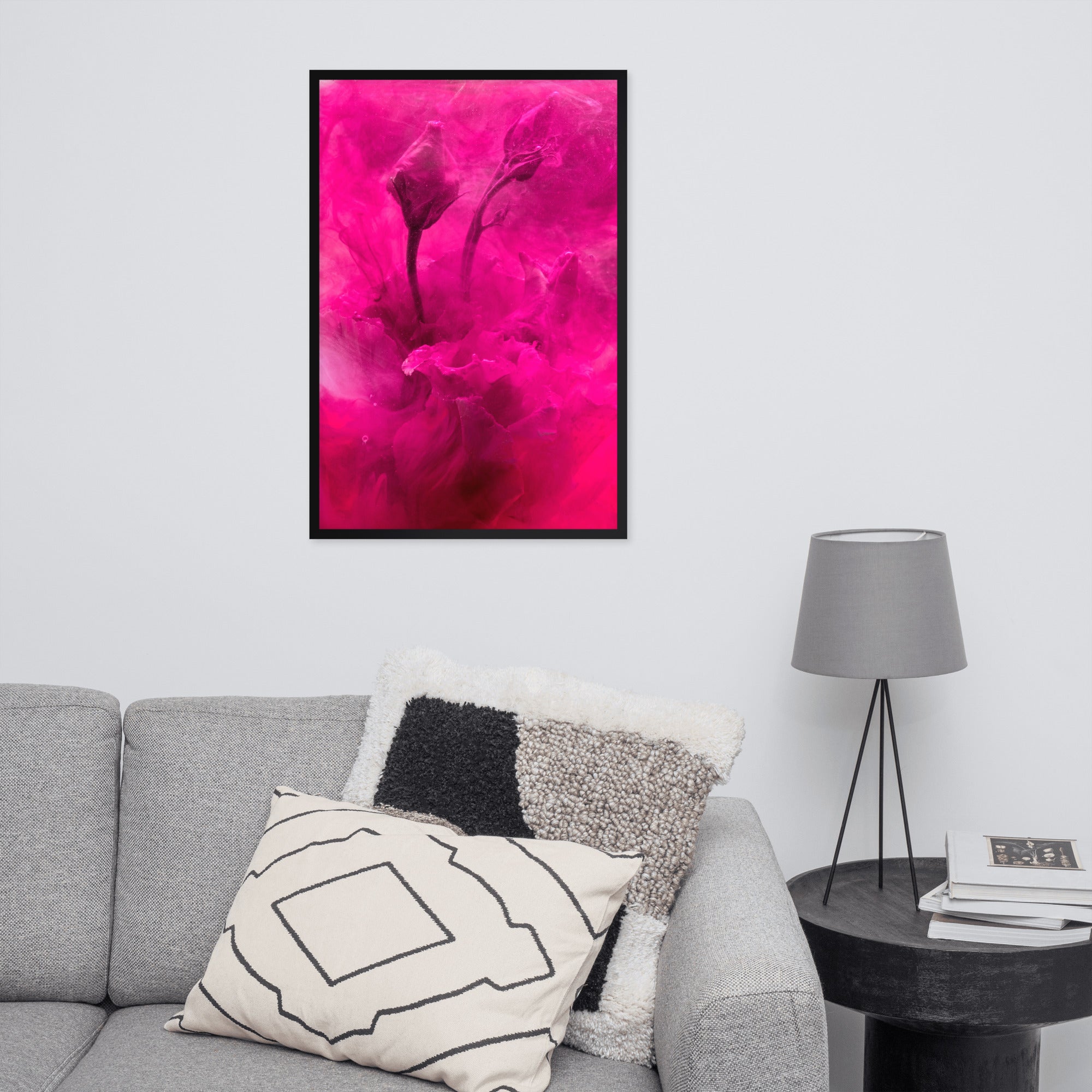 Sweet Rose Framed matte paper poster in black or oak frame, showcasing vibrant floral artwork.