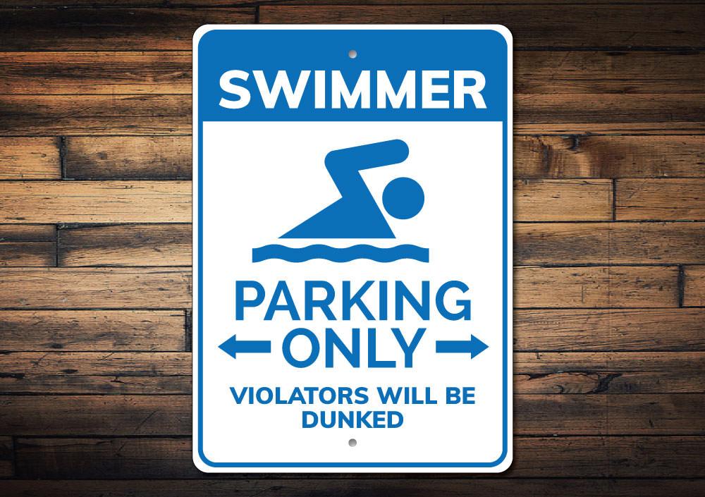 A vibrant Swimmer Parking Sign made of durable aluminum, featuring a swimmer graphic and customizable text options.