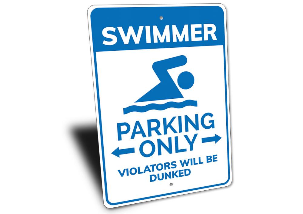 A vibrant Swimmer Parking Sign made of durable aluminum, featuring a swimmer graphic and customizable text options.