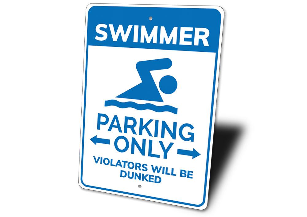 A vibrant Swimmer Parking Sign made of durable aluminum, featuring a swimmer graphic and customizable text options.