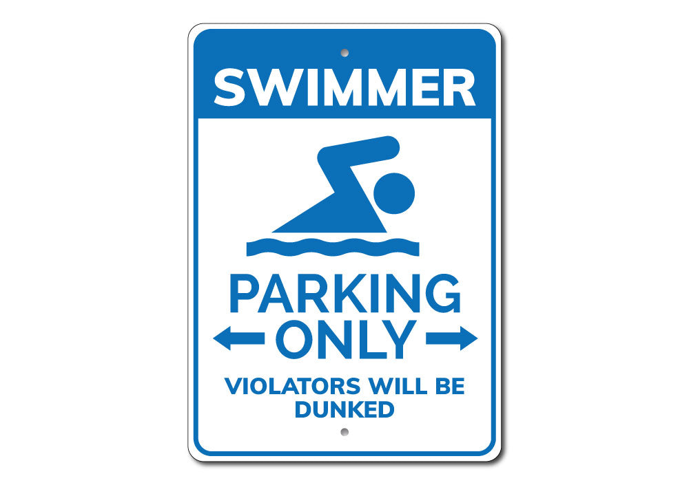 A vibrant Swimmer Parking Sign made of durable aluminum, featuring a swimmer graphic and customizable text options.