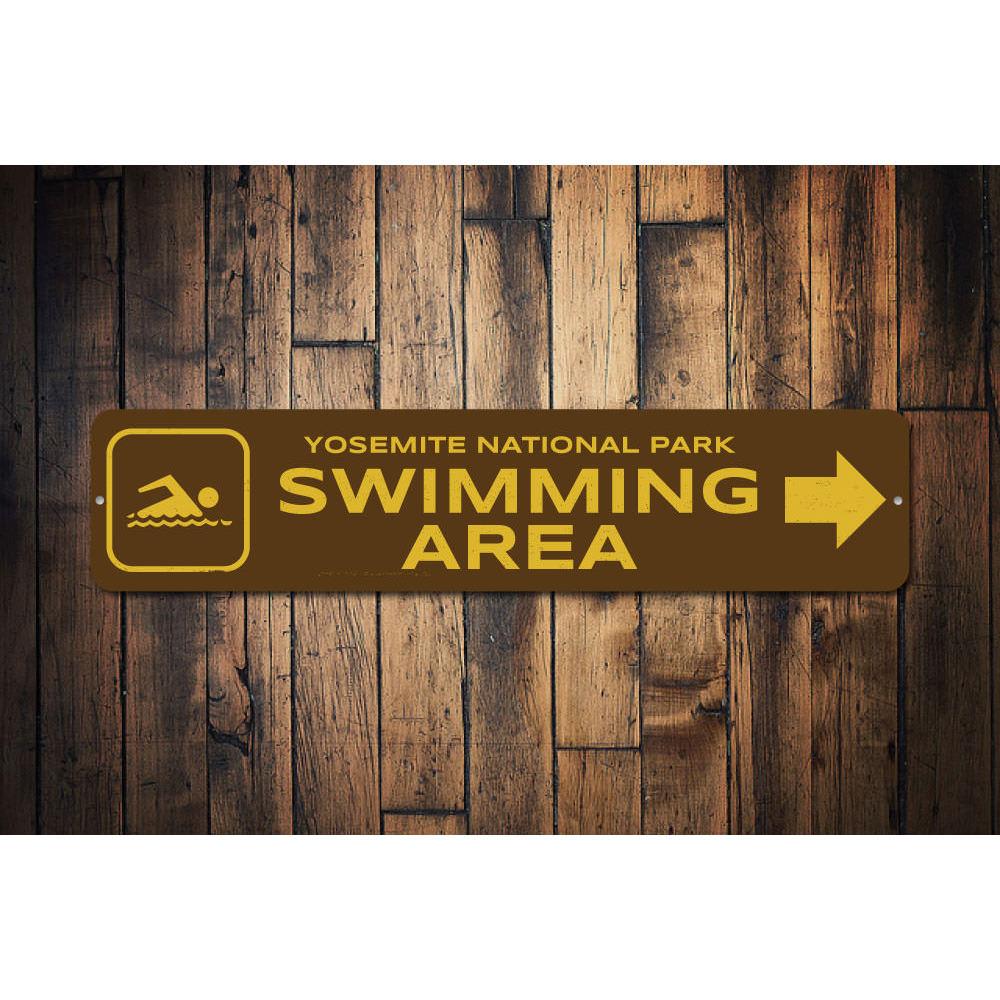 Customizable Swimming Area Sign made from durable aluminum, featuring pre-drilled holes for easy mounting.