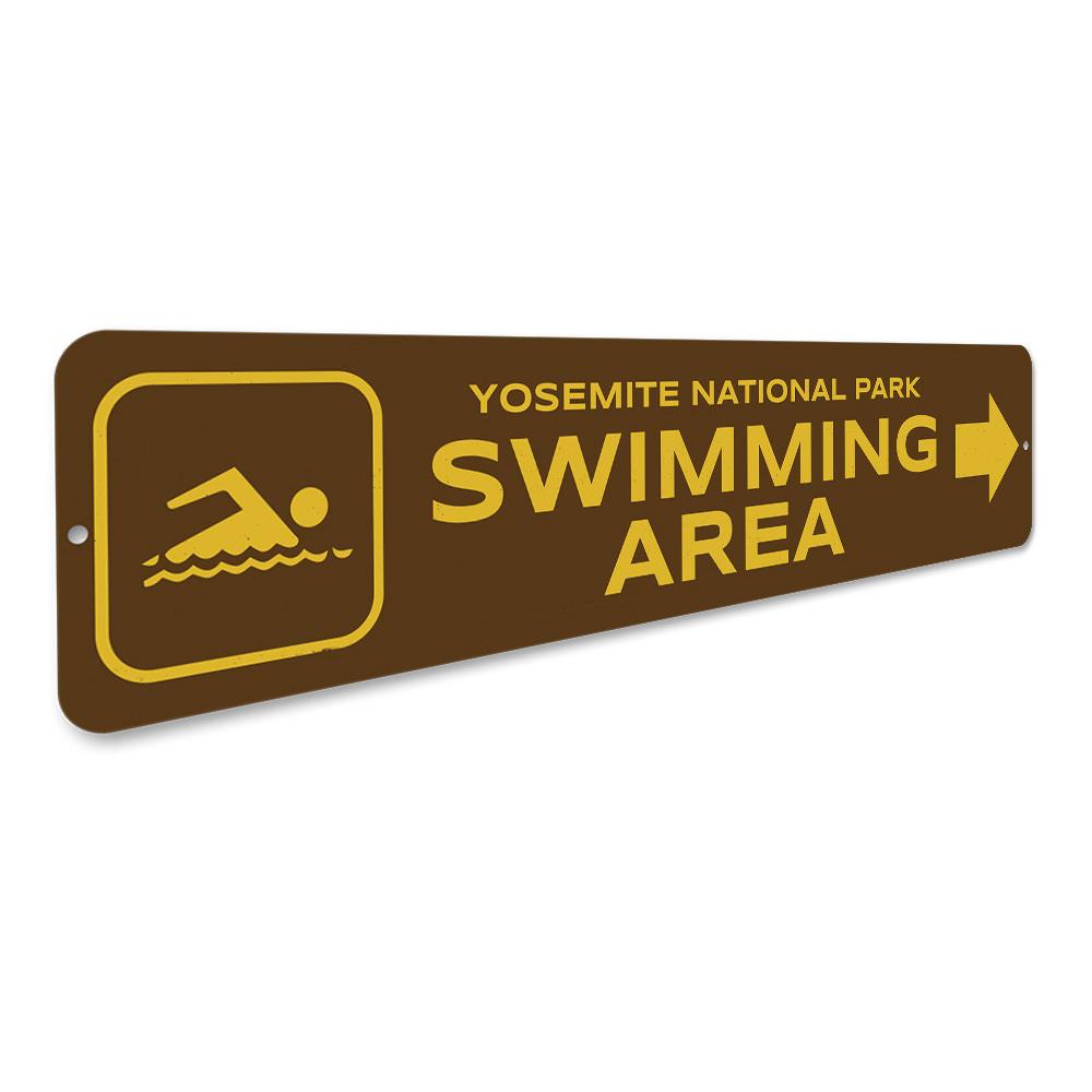 Customizable Swimming Area Sign made from durable aluminum, featuring pre-drilled holes for easy mounting.