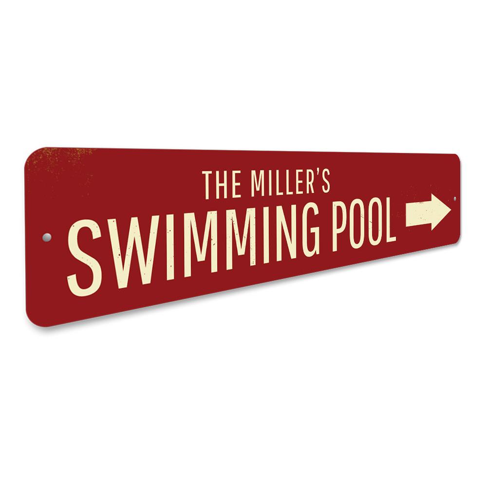 Swimming Pool Arrow Sign made of durable aluminum, featuring customizable text and pre-drilled holes for easy mounting.