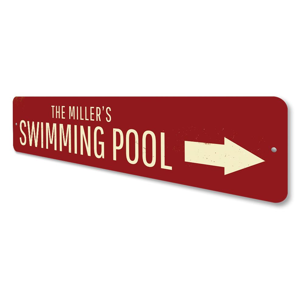 Swimming Pool Arrow Sign made of durable aluminum, featuring customizable text and pre-drilled holes for easy mounting.