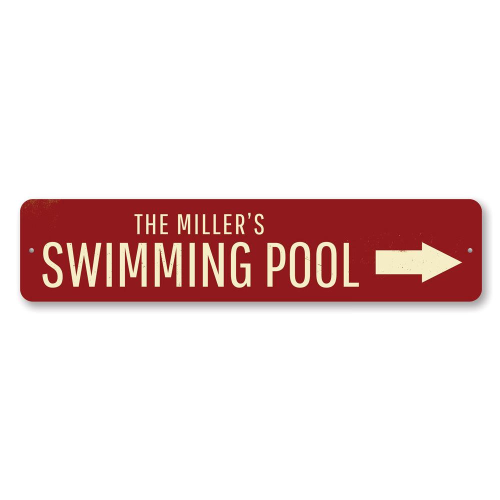 Swimming Pool Arrow Sign made of durable aluminum, featuring customizable text and pre-drilled holes for easy mounting.