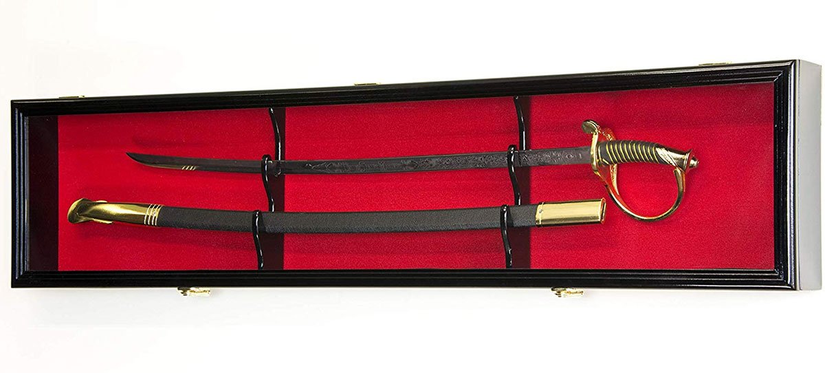 Handcrafted sword display case made from Australian beech wood, featuring a black felt background and lockable latches.