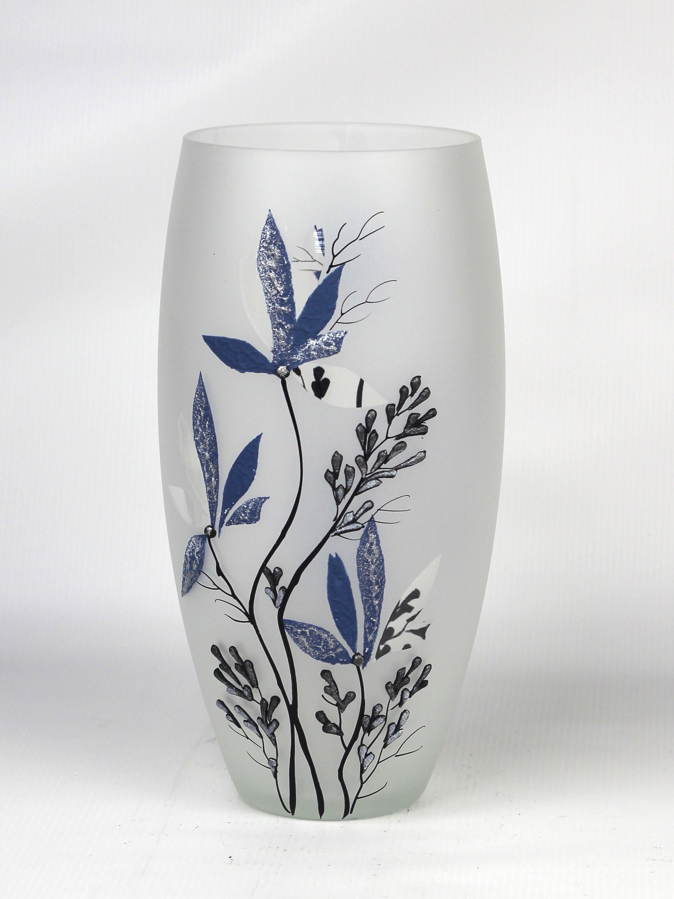 A beautifully hand-painted blue decorative glass vase featuring intricate designs, showcasing its unique artistry and high-quality craftsmanship.