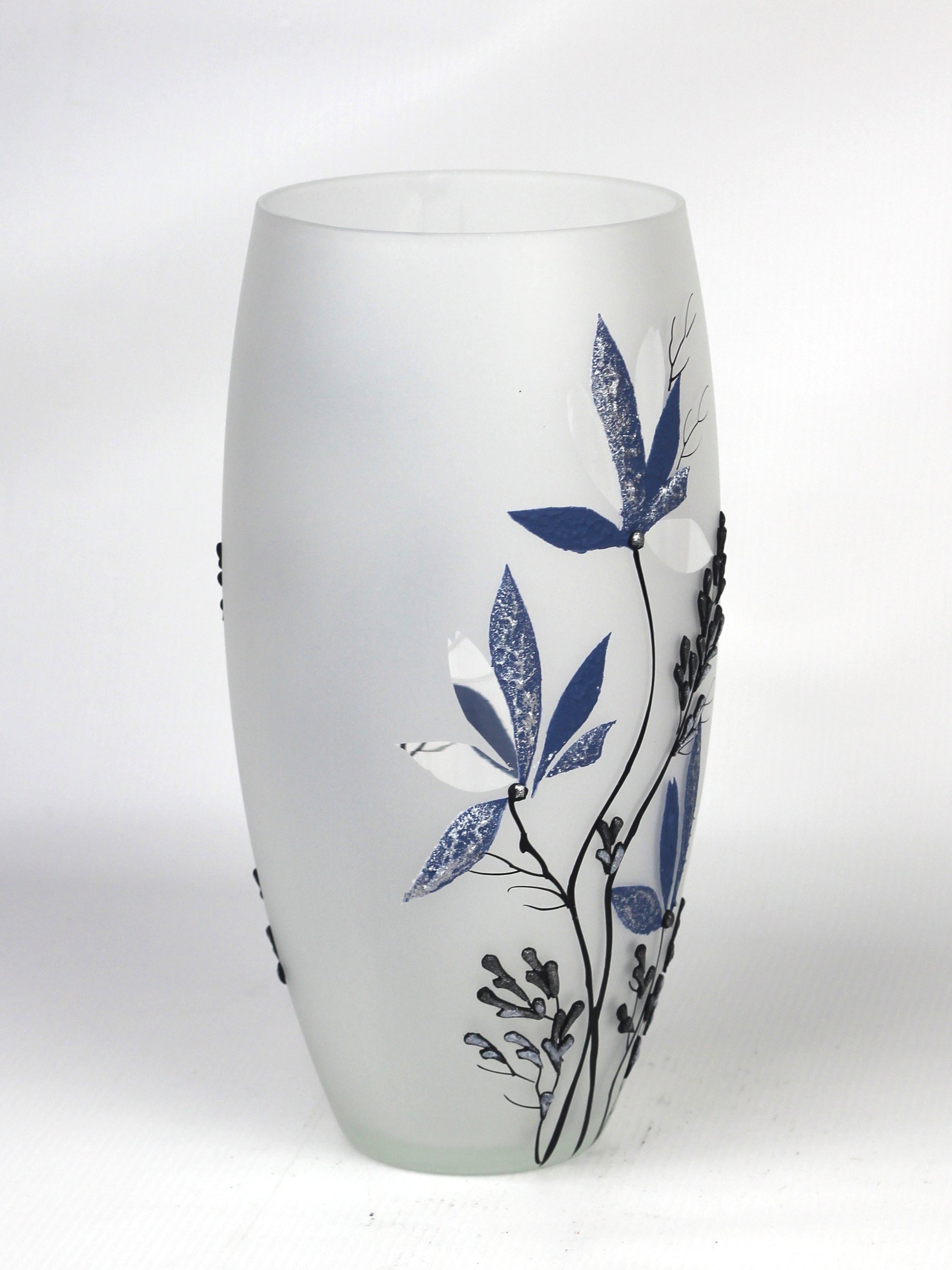 A beautifully hand-painted blue decorative glass vase featuring intricate designs, showcasing its unique artistry and high-quality craftsmanship.