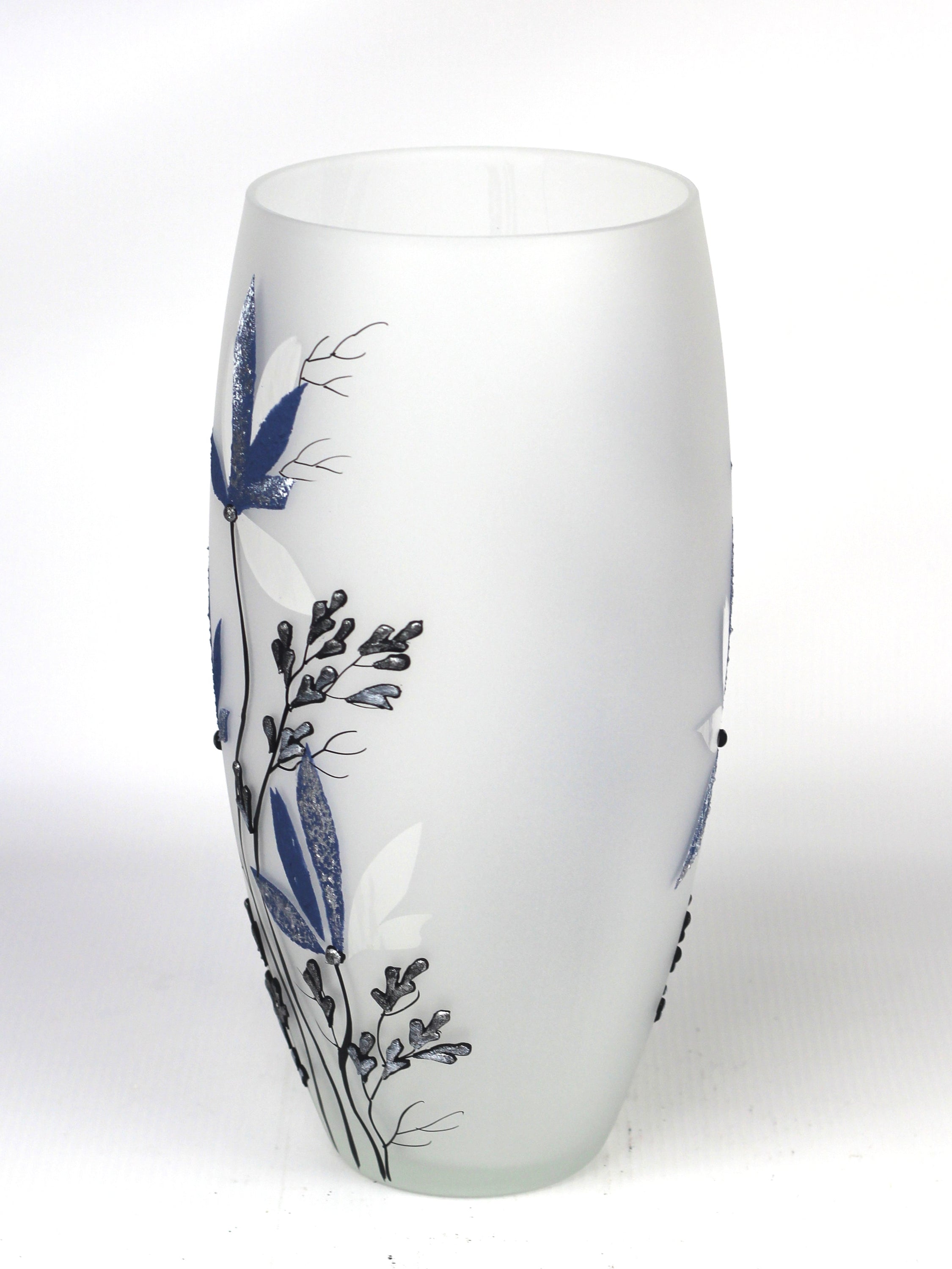 A beautifully hand-painted blue decorative glass vase featuring intricate designs, showcasing its unique artistry and high-quality craftsmanship.