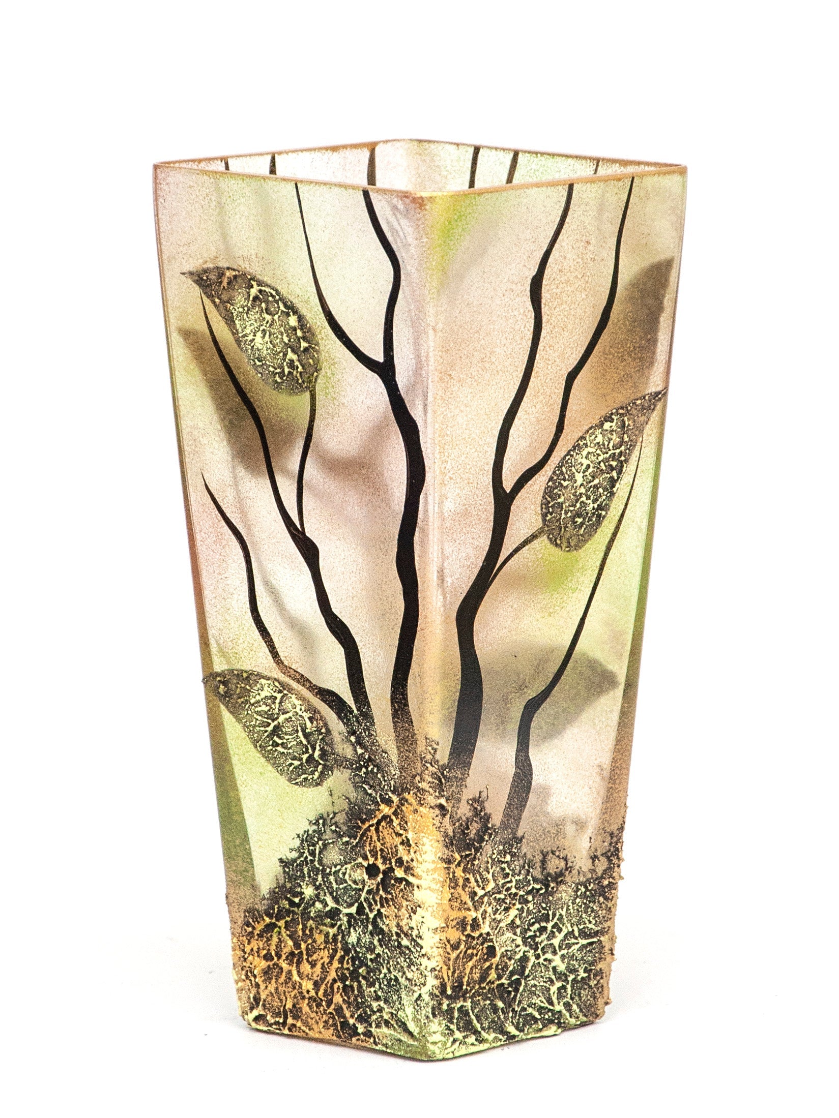 A beautifully hand-painted brown decorative glass vase with unique artistic designs, showcasing its elegant shape and high-quality craftsmanship.