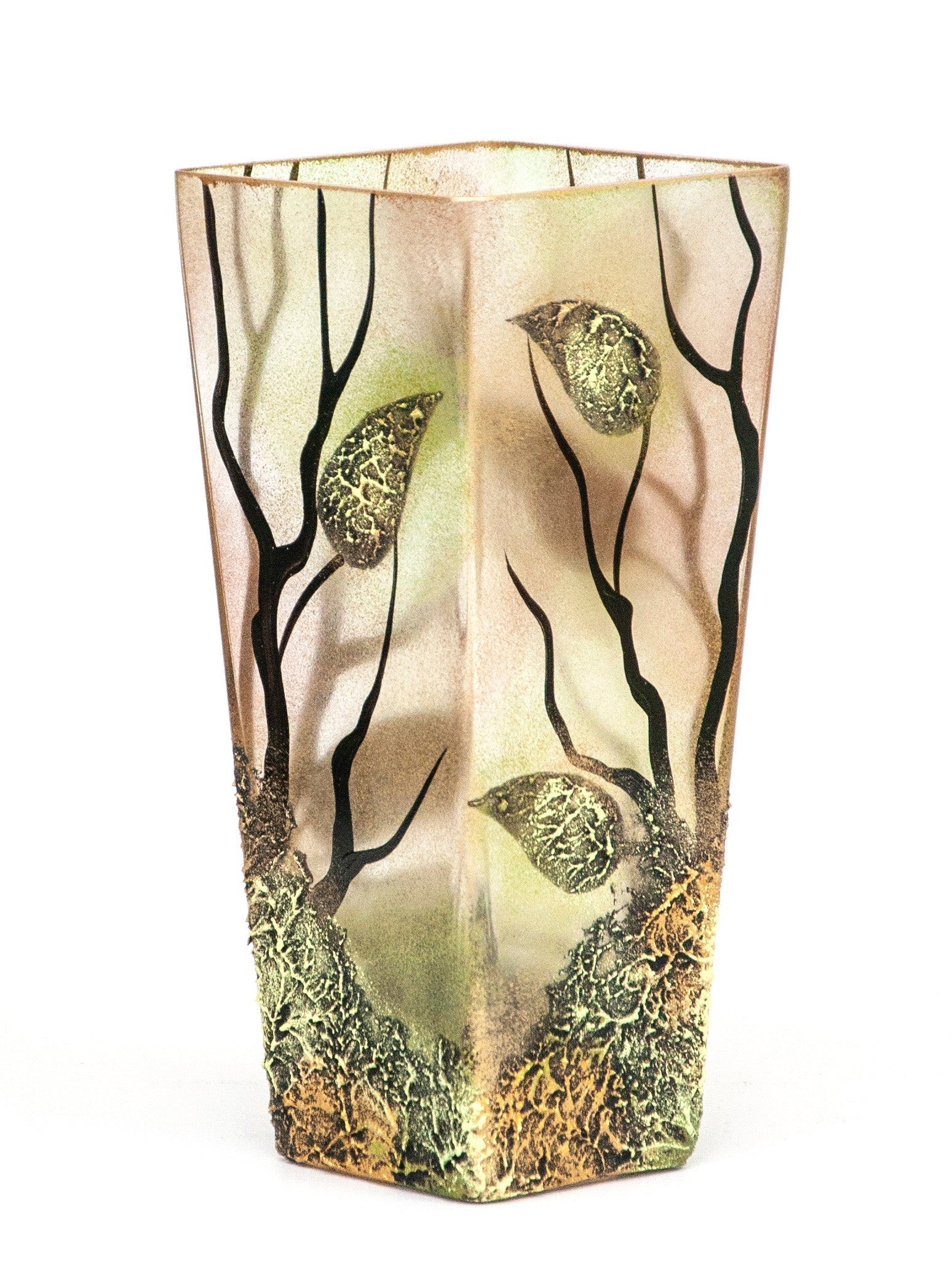 A beautifully hand-painted brown decorative glass vase with unique artistic designs, showcasing its elegant shape and high-quality craftsmanship.