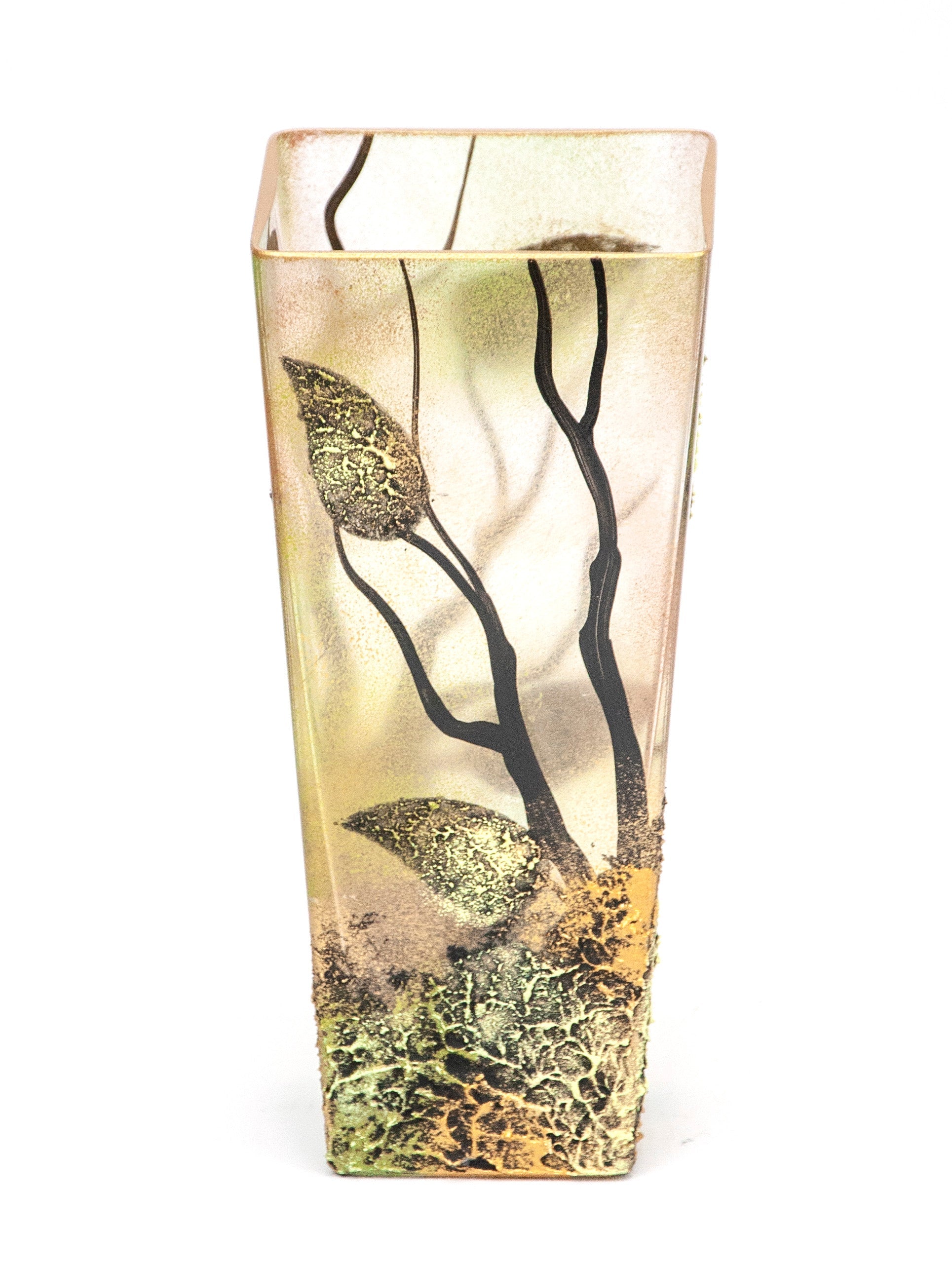 A beautifully hand-painted brown decorative glass vase with unique artistic designs, showcasing its elegant shape and high-quality craftsmanship.