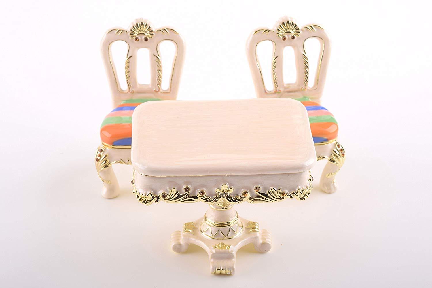 A beautifully handcrafted Table & Chairs trinket box adorned with Austrian crystals and plated with 24K Gold, showcasing intricate enamel painting.